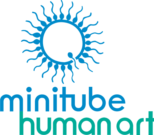 The Minitube Human ART logo, featuring a blue sun-shaped icon made of stylized sperm cells above the brand name.